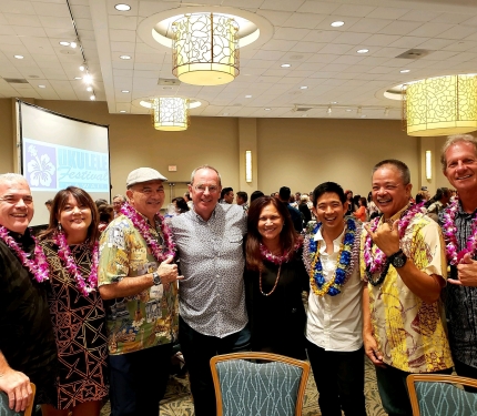 L-R: Casey, Vicky, Chris, and Renette Kamaka, Bill Seymour, Jake Shimabakuru, Bryan Tollentino, Van Fletcher